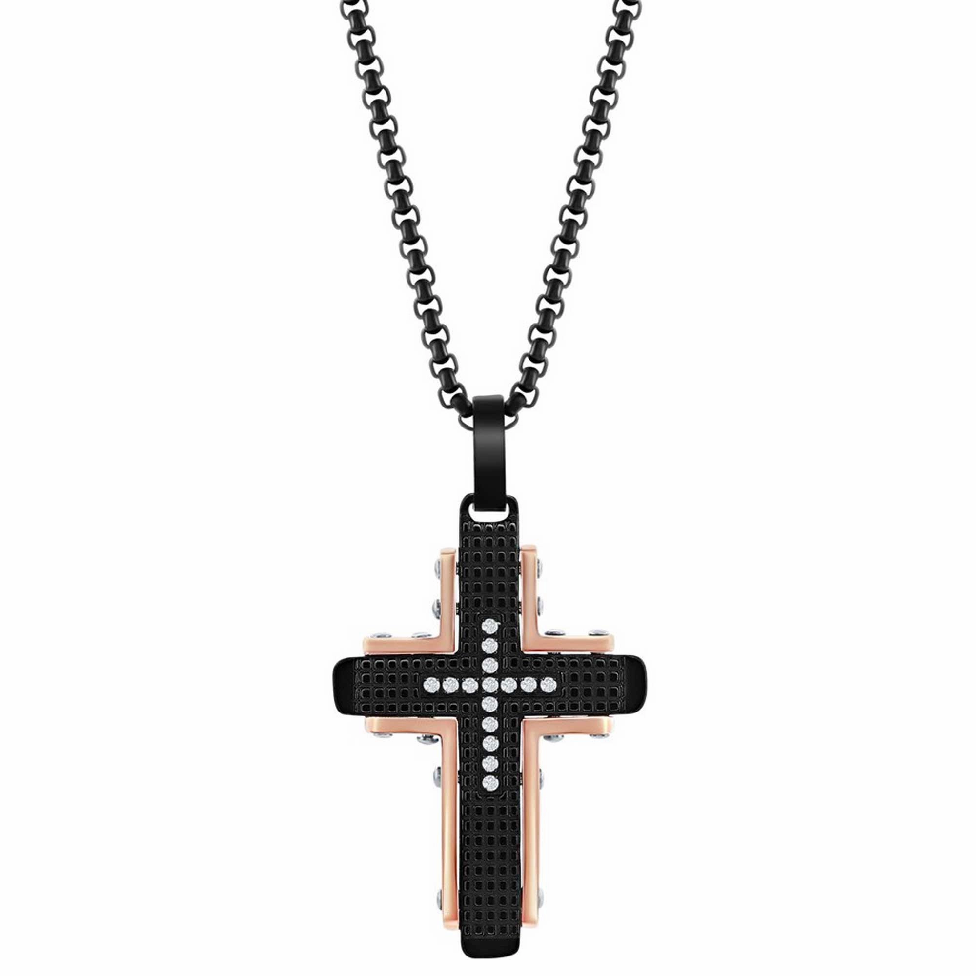 Men's Necklace - Black and Rose Stainless Steel CZ Cross Pendant | SL-7105