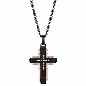 Men's Necklace - Black and Rose Stainless Steel CZ Cross Pendant | SL-7105