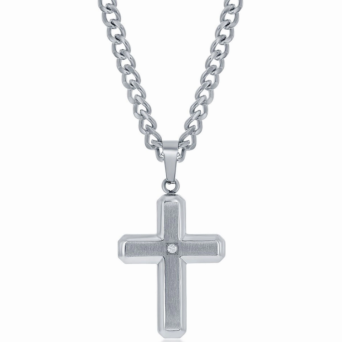 Men's Necklace - Brushed/Polished with Single CZ Cross | SL-7091