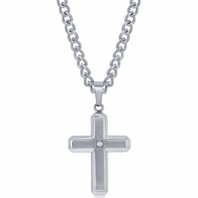 Men's Necklace - Brushed/Polished with Single CZ Cross | SL-7091