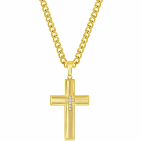Men's Necklace - Gold Plated Stainless Steel and CZ Cross | SL-7093