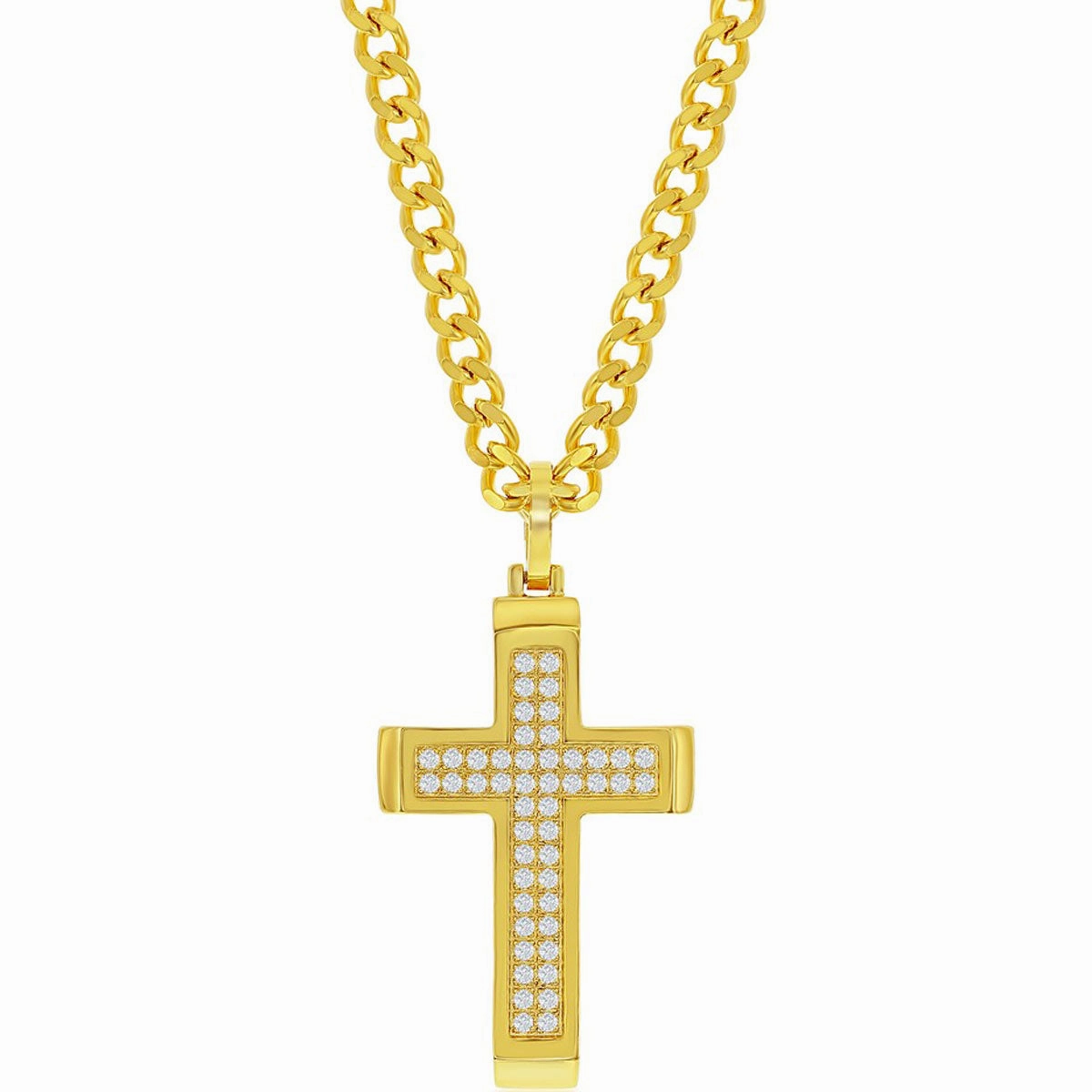 Men's Necklace - Gold Plated Stainless Steel Polished CZ Cross | SL-7087