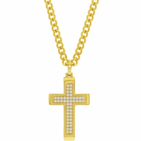 Men's Necklace - Gold Plated Stainless Steel Polished CZ Cross | SL-7087