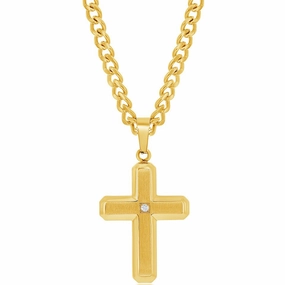 Men's Necklace - GP Steel Brushed and Polished Single CZ Cross | SL-7092