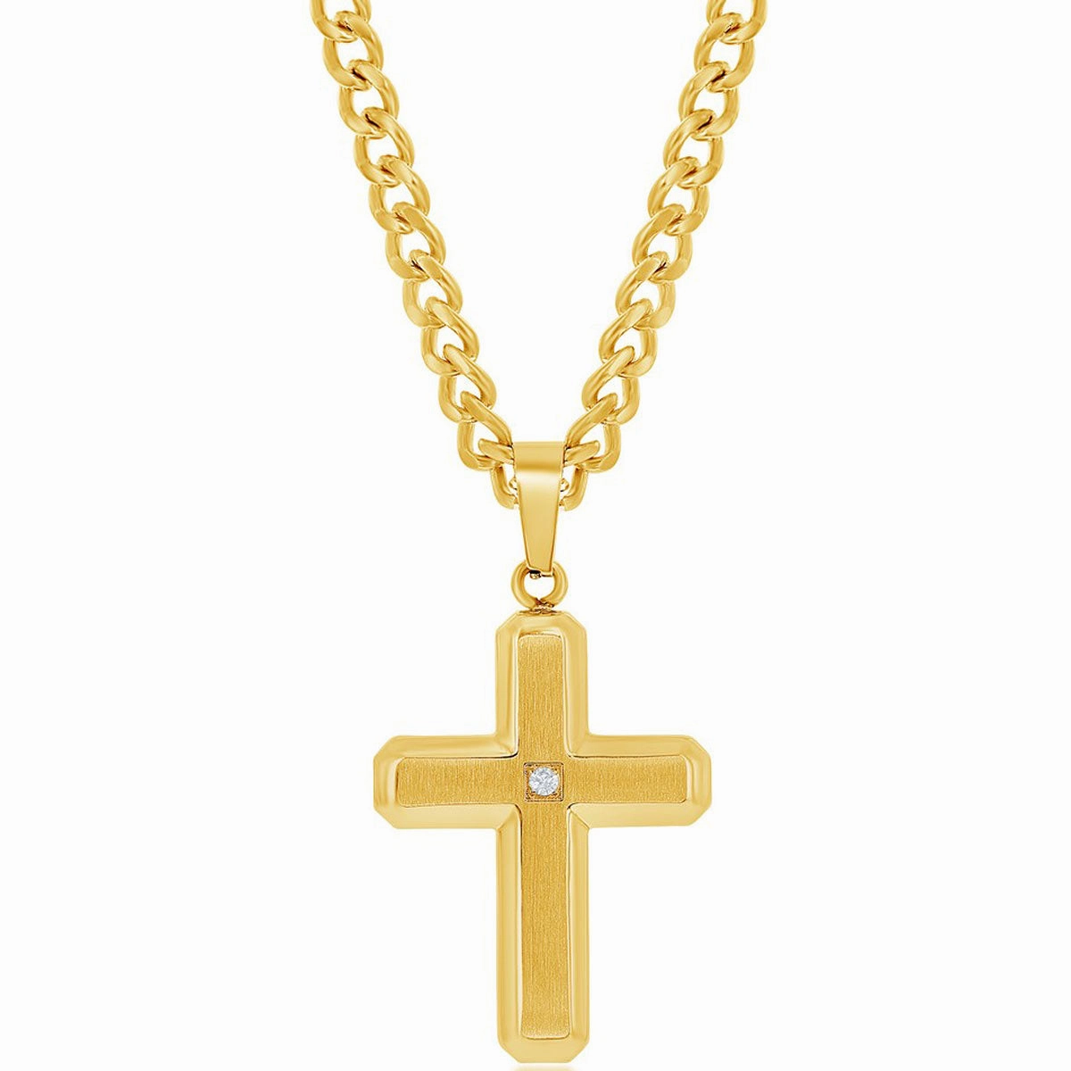 Men's Necklace - GP Steel Brushed and Polished Single CZ Cross | SL-7092