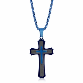 Men's Necklace - Stainless Steel Black and Blue 3D Cross | SL-7089
