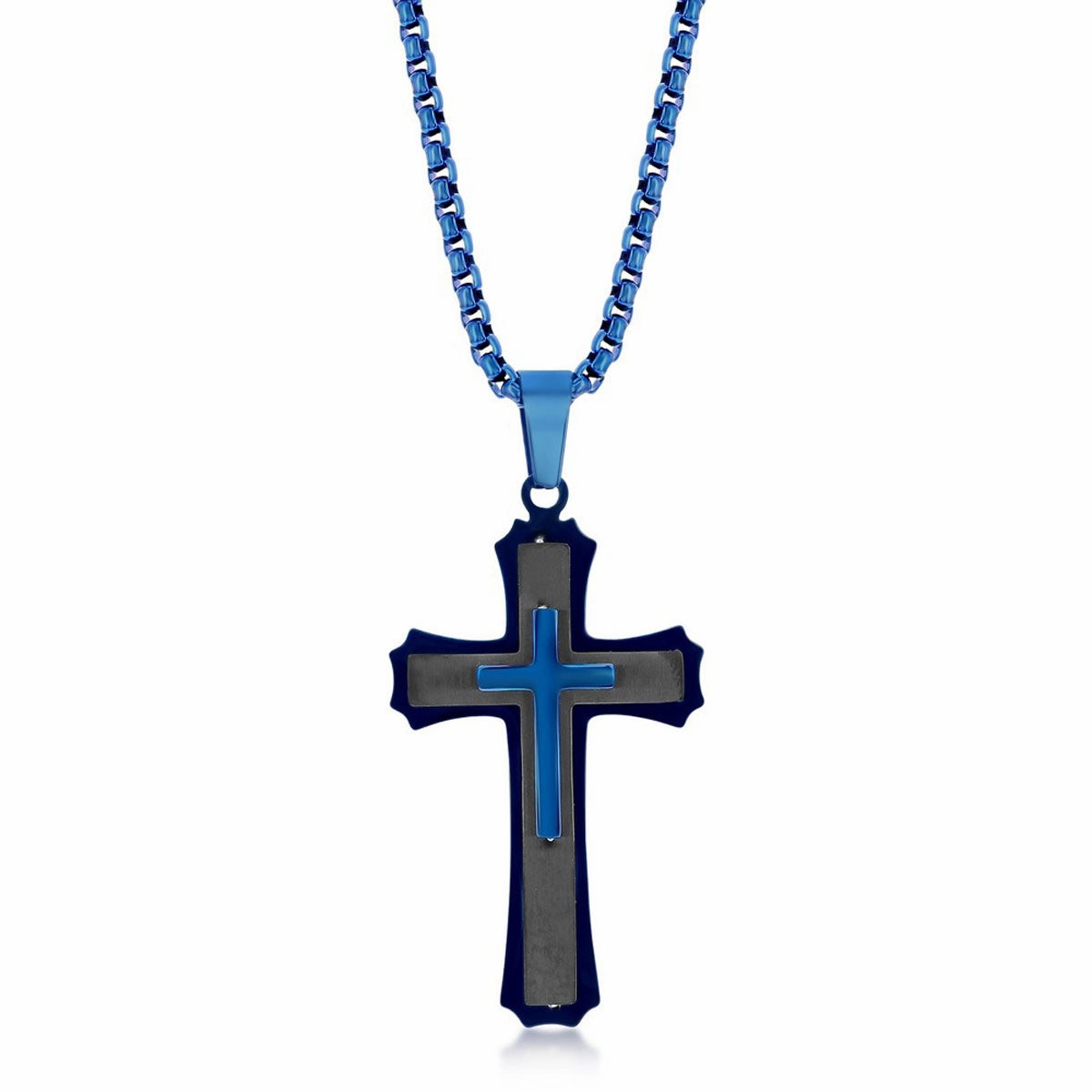 Men's Necklace - Stainless Steel Black and Blue 3D Cross | SL-7089