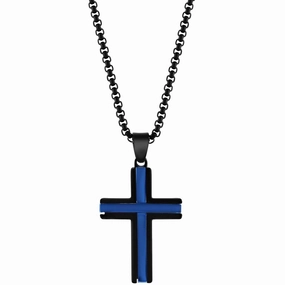 Men's Necklace - Stainless Steel Black and Blue Plated 24 inch Cross | SL-7125