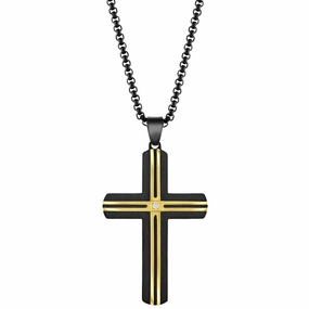 Men's Necklace - Stainless Steel Black and Gold Lined CZ Cross | SL-7129