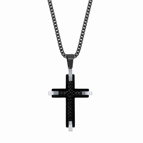 Men's Necklace - Stainless Steel Black and Silver Chevron Cross | SL-7102