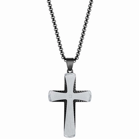 Men's Necklace - Stainless Steel Black and Silver Single CZ Cross | SL-7119