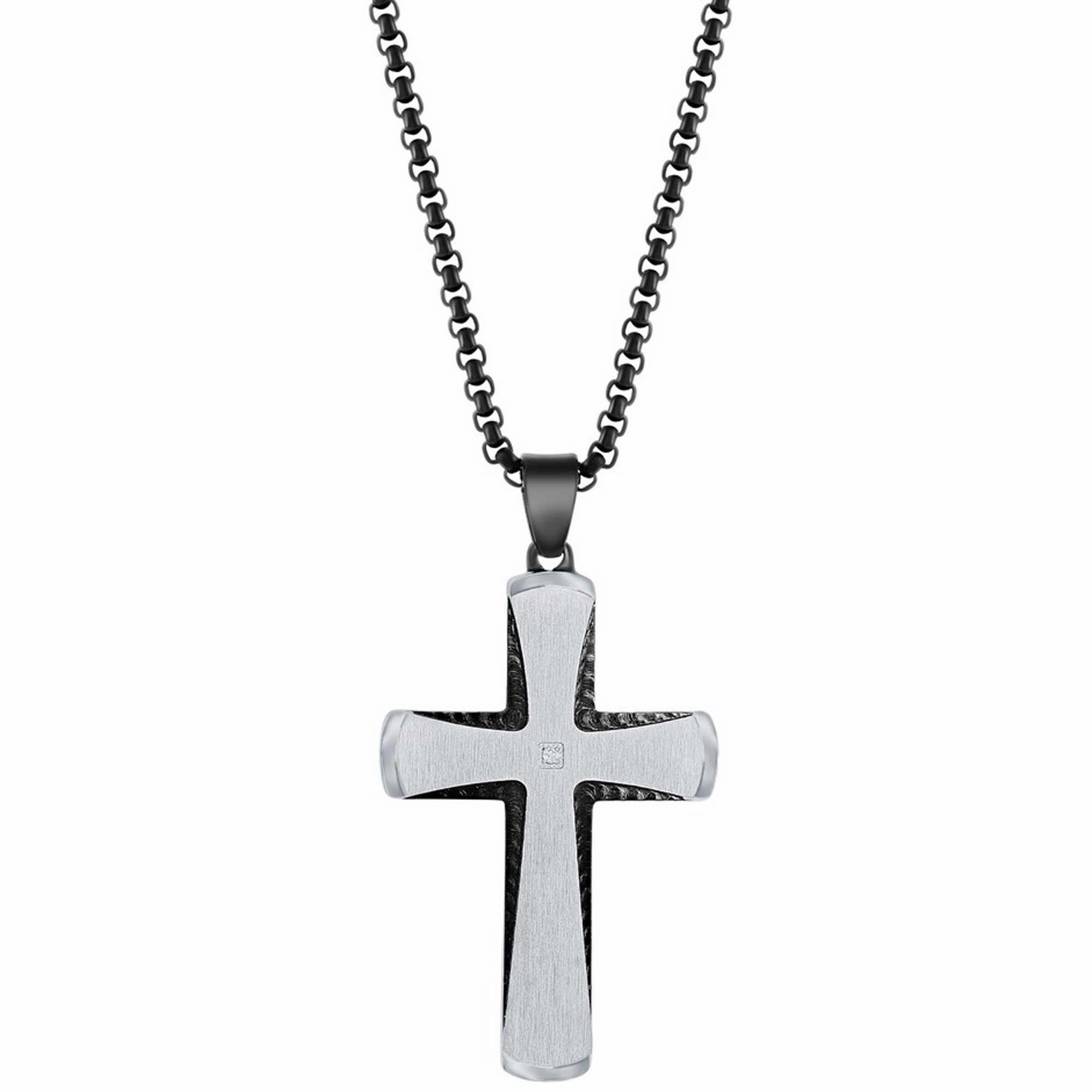 Men's Necklace - Stainless Steel Black and Silver Single CZ Cross | SL-7119