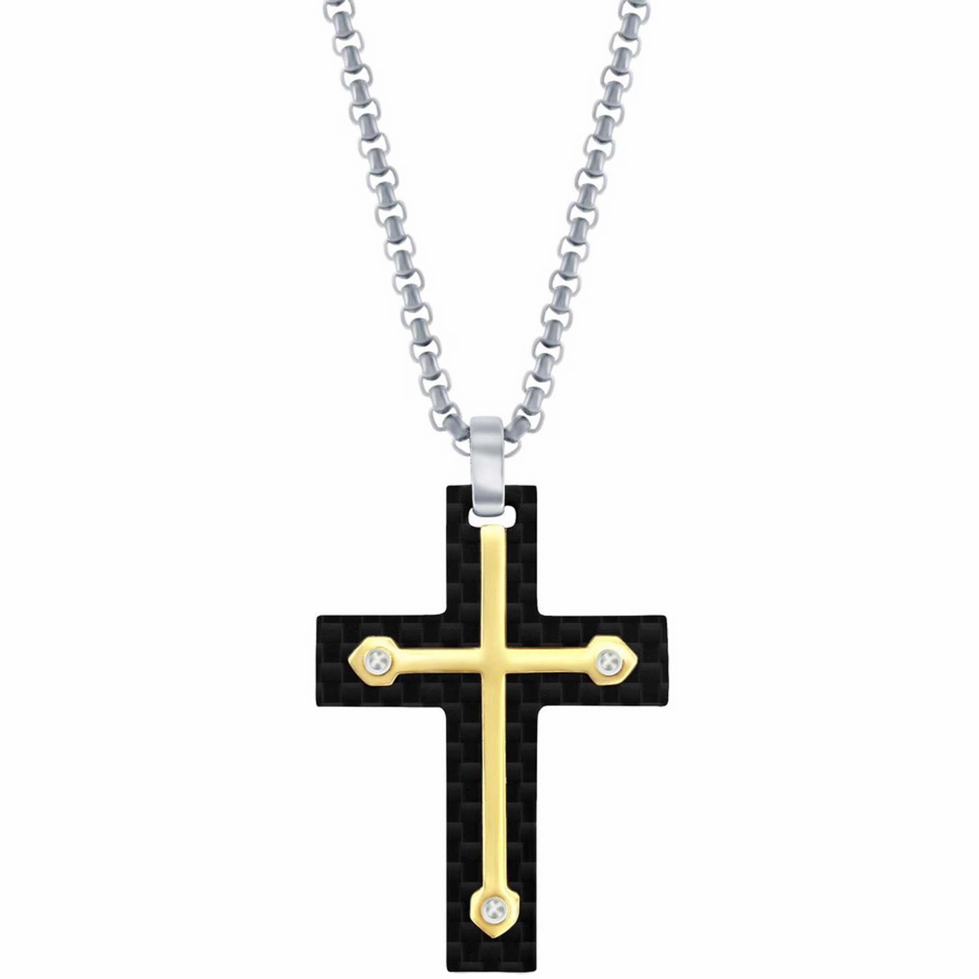Men's Necklace - Stainless Steel Black Carbon Fiber and Gold Cross | SL-7111