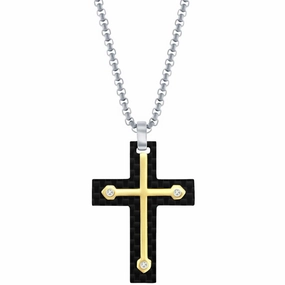 Men's Necklace - Stainless Steel Black Carbon Fiber and Gold Cross | SL-7111
