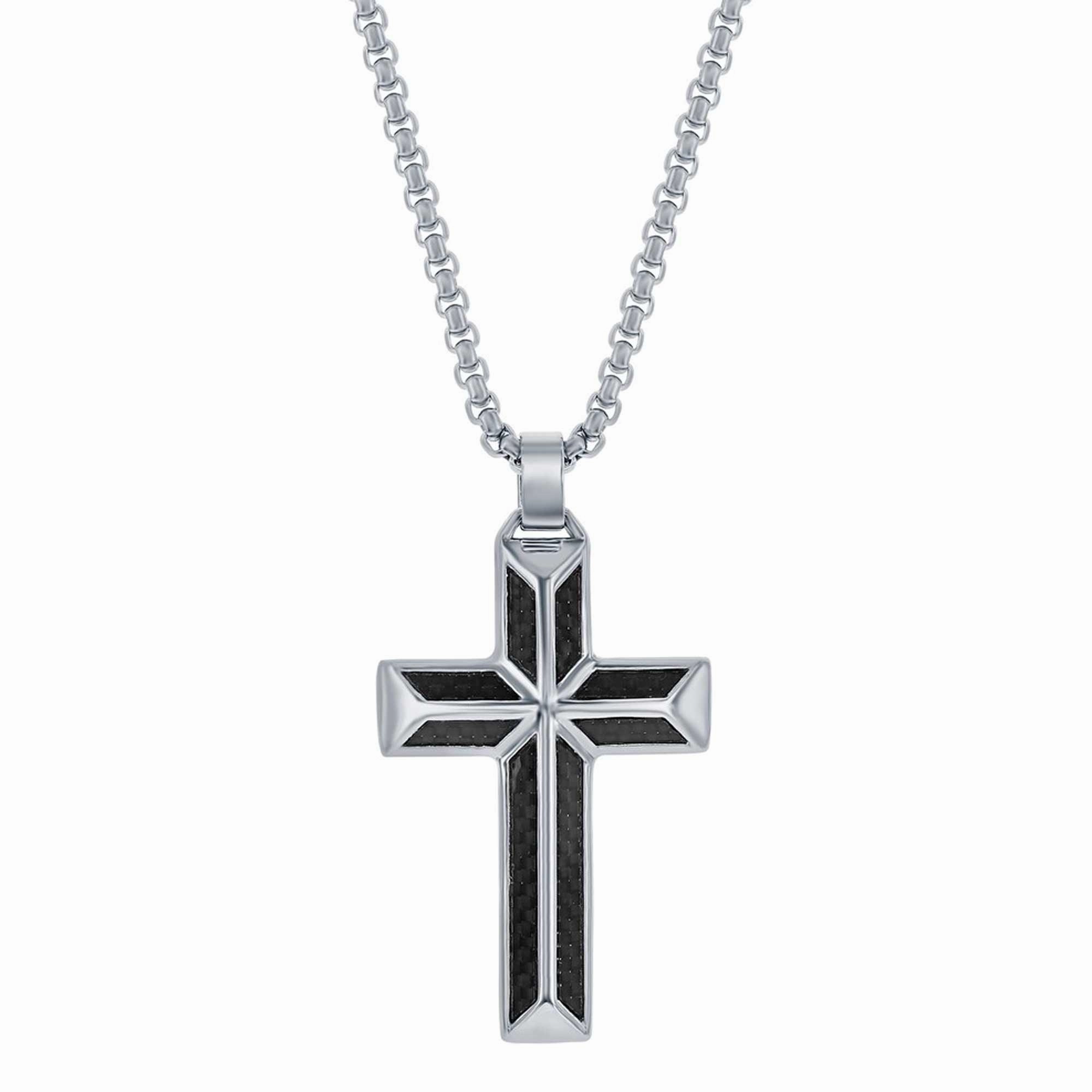 Men's Necklace - Stainless Steel Black Carbon Fiber Cross Pendant | SL-7088