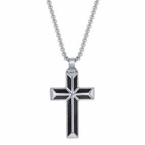 Men's Necklace - Stainless Steel Black Carbon Fiber Cross Pendant | SL-7088