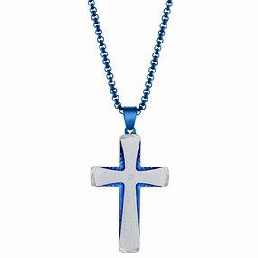 Men's Necklace - Stainless Steel Blue and Silver Single CZ Cross | SL-7120