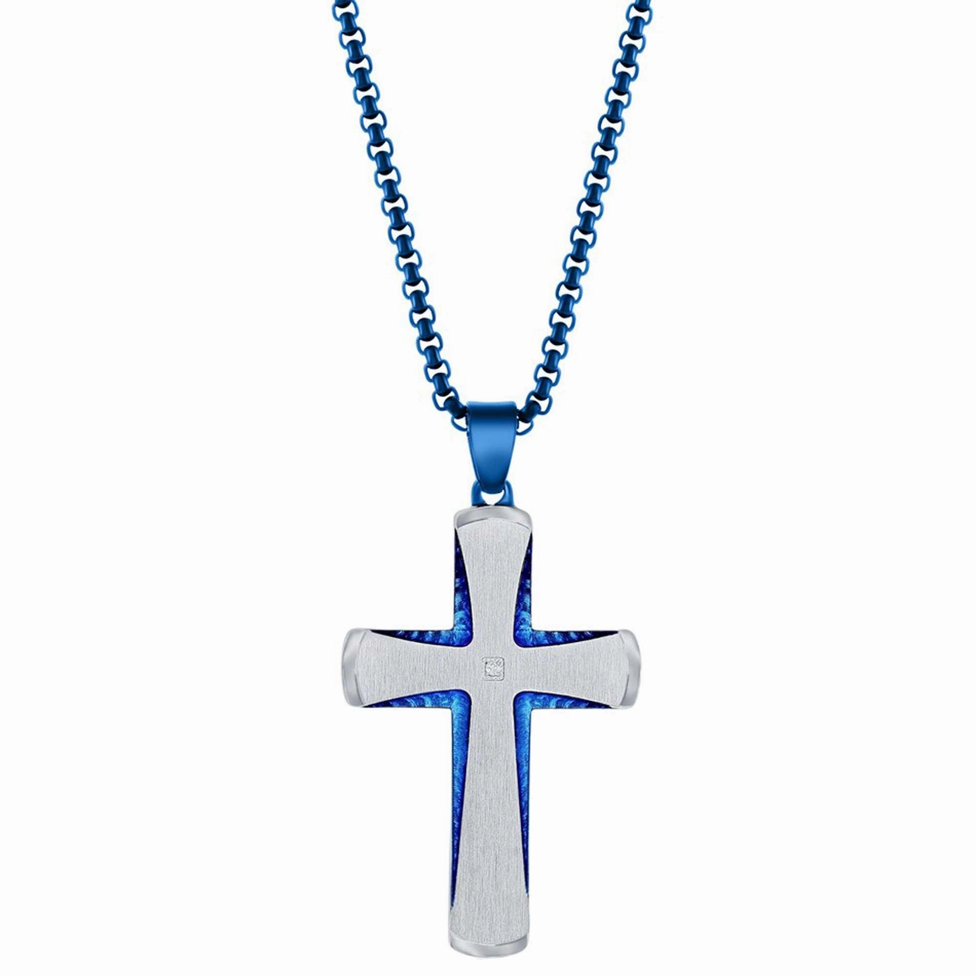 Men's Necklace - Stainless Steel Blue and Silver Single CZ Cross | SL-7120