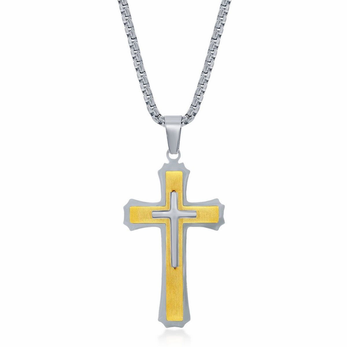 Men's Necklace - Stainless Steel Gold and Silver 3D Cross | SL-7090