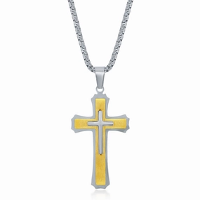 Men's Necklace - Stainless Steel Gold and Silver 3D Cross | SL-7090