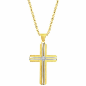 Men's Necklace - Stainless Steel Gold and Silver Lined CZ Cross | SL-7130