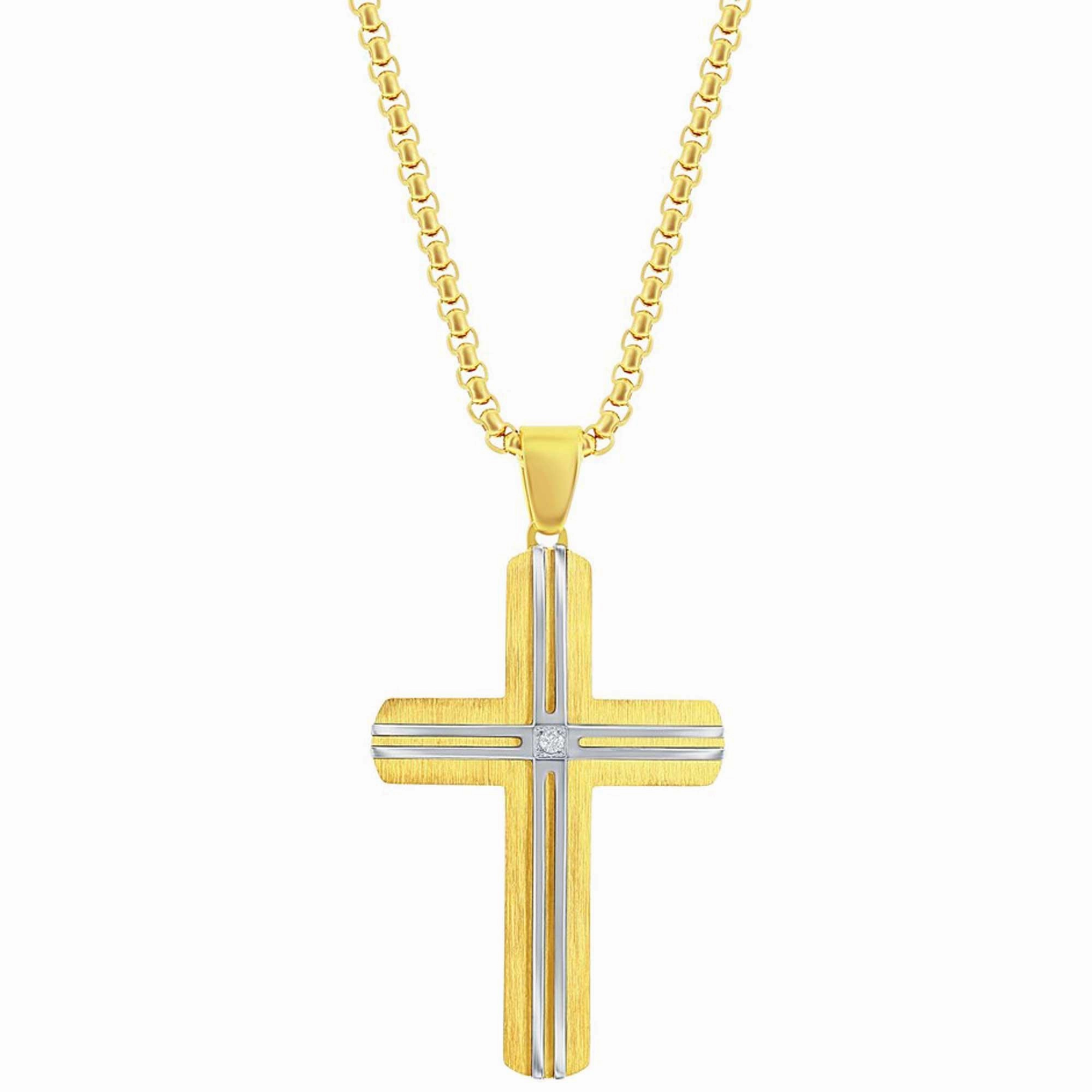 Men's Necklace - Stainless Steel Gold and Silver Lined CZ Cross | SL-7130
