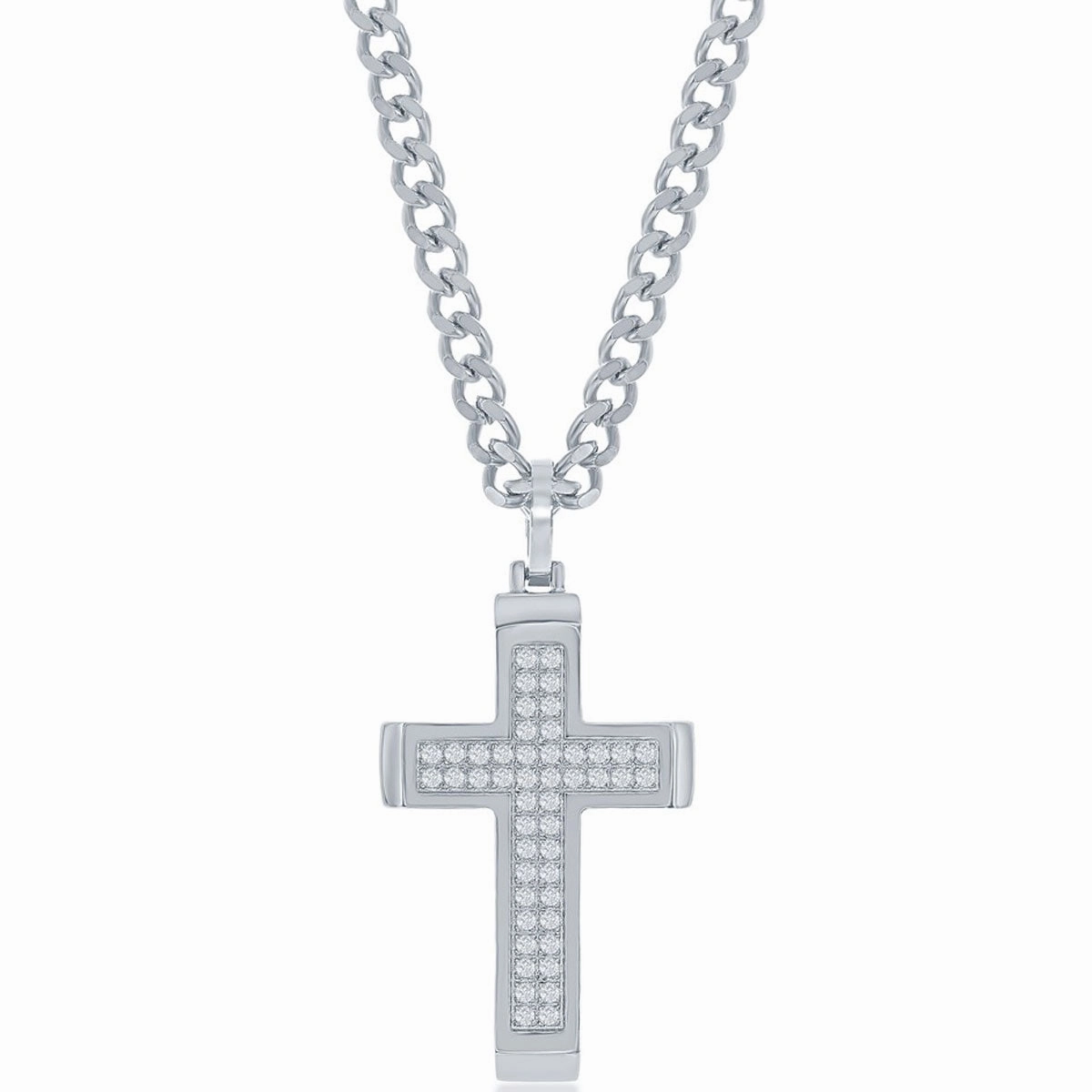 Men's Necklace - Stainless Steel Polished CZ Cross | SL-7086