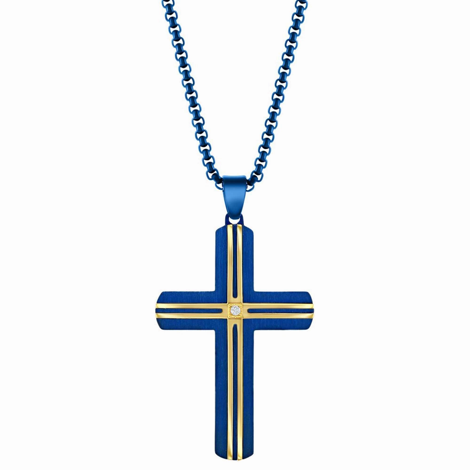 Men's Necklace - Steel Blue and YG Plated Lined White CZ Cross | SL-7131