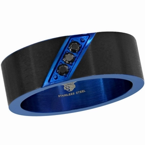 Men's Ring - Black and Blue Stainless Steel with CZ, Size 9 | SW-2084-9
