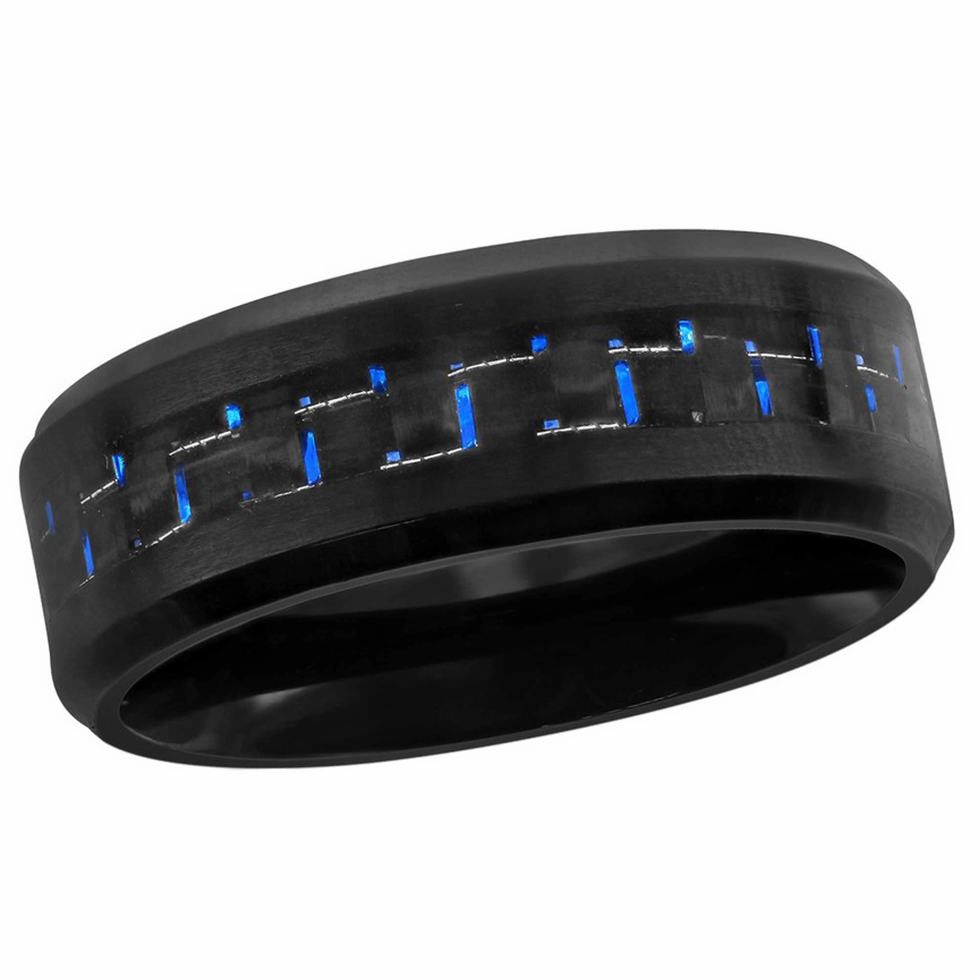 Men's Ring - Black Stainless Steel and Blue Carbon Fiber, Size 9 | SW-2096-9