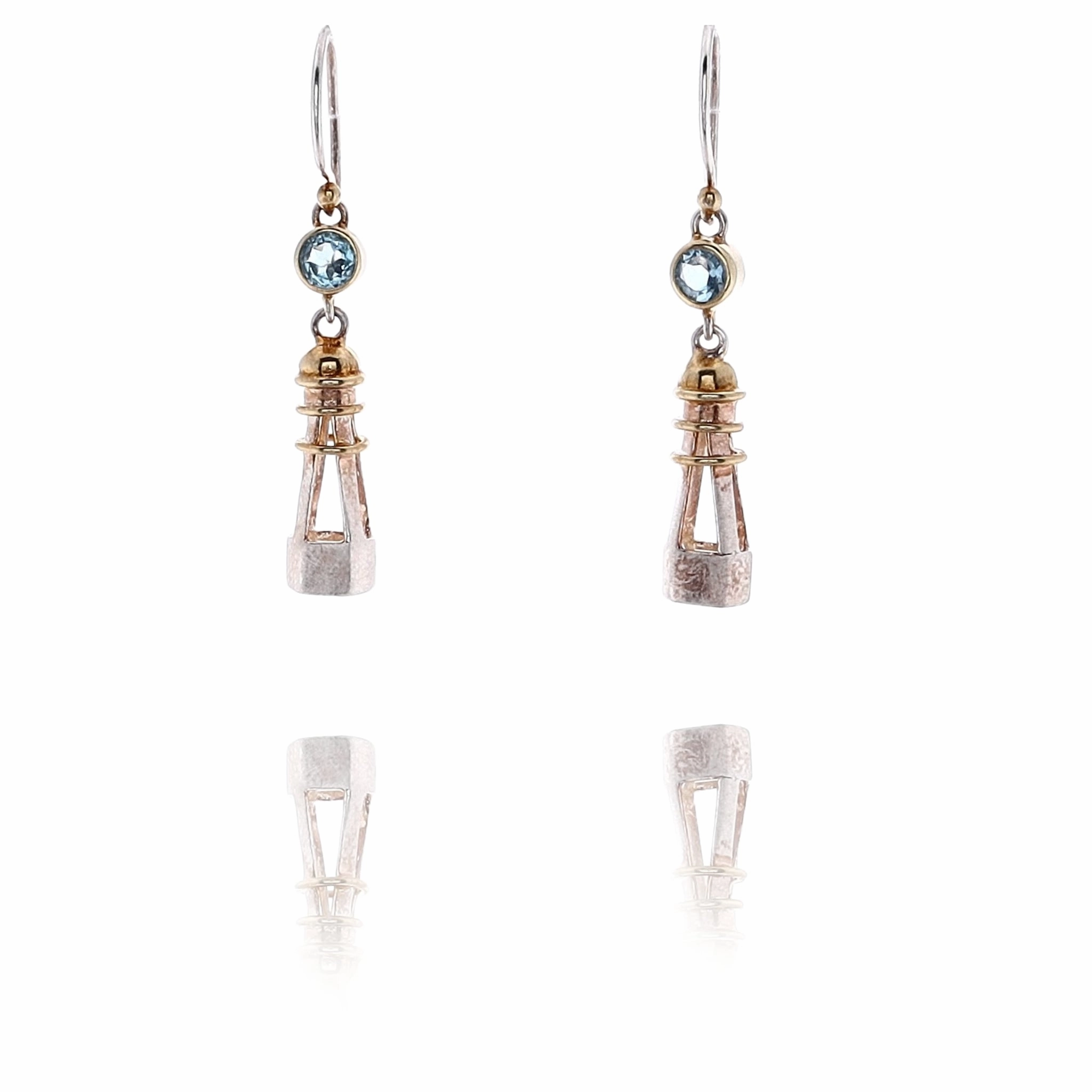 Michou Sterlign Silver and 22 Karat Yellow Gold Blue Topaz Vermeil Lighthouse Design Earrings