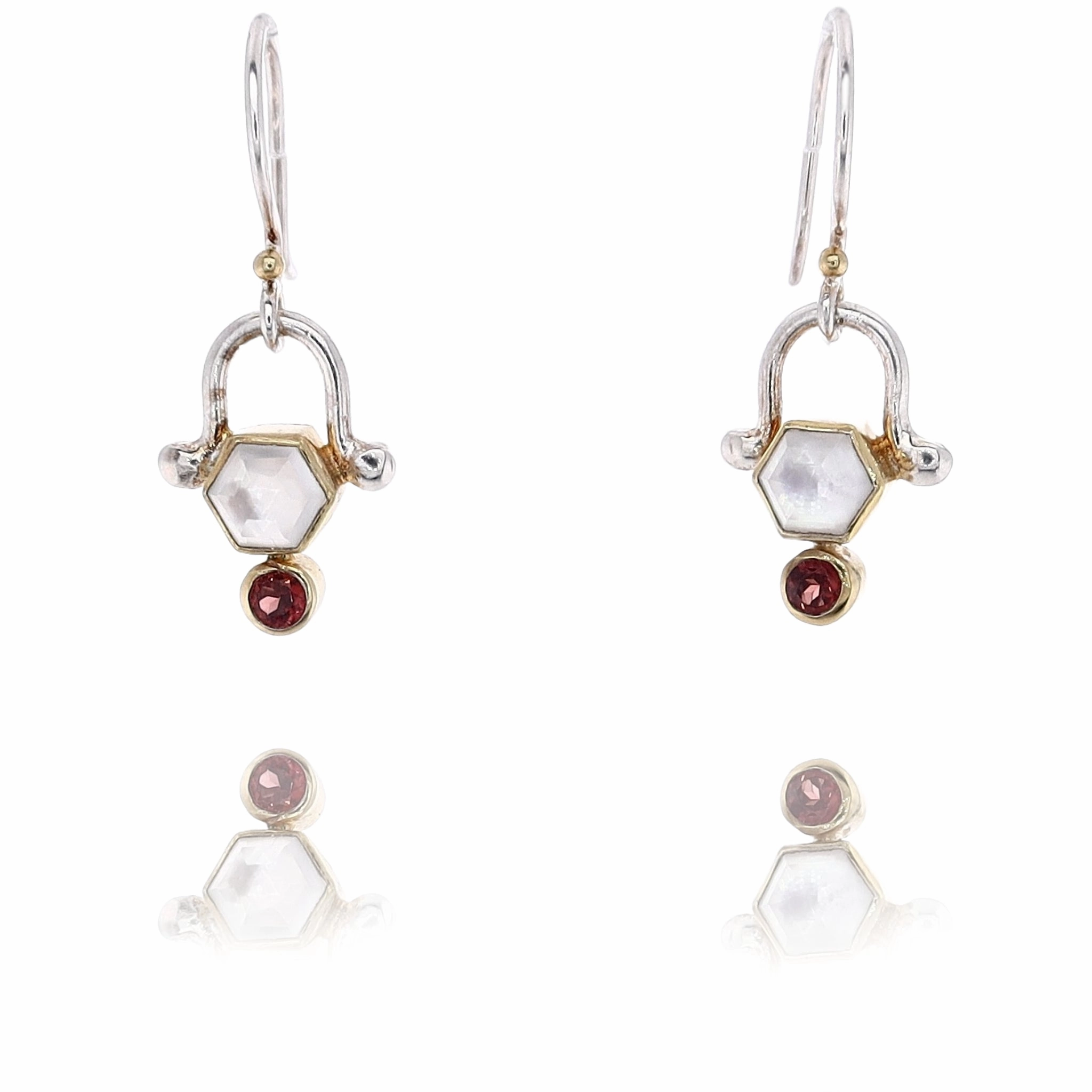 Michou Sterling Silver and 22 Karat Yellow Gold Mother of Pearl and Garnet Vermeil Drop Earrings