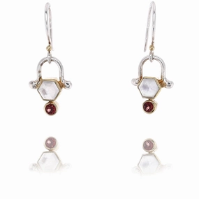 Michou Sterling Silver and 22 Karat Yellow Gold Mother of Pearl and Garnet Vermeil Drop Earrings