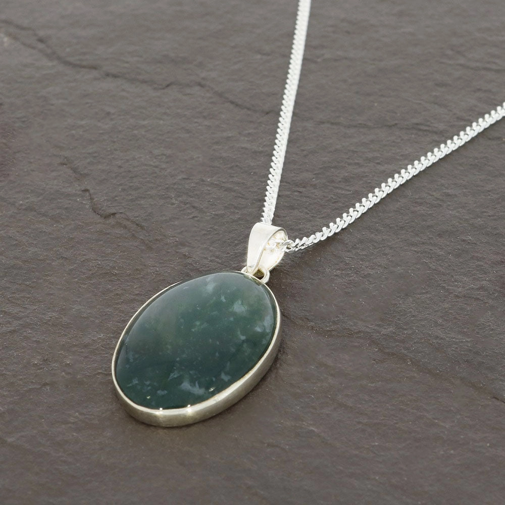 Moss Agate Sterling Silver Oval Pendant and Chain