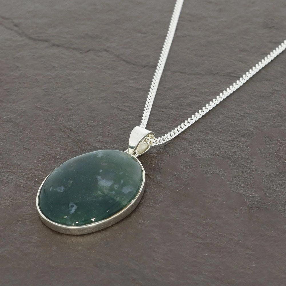 Moss Agate Sterling Silver Oval Pendant and Chain