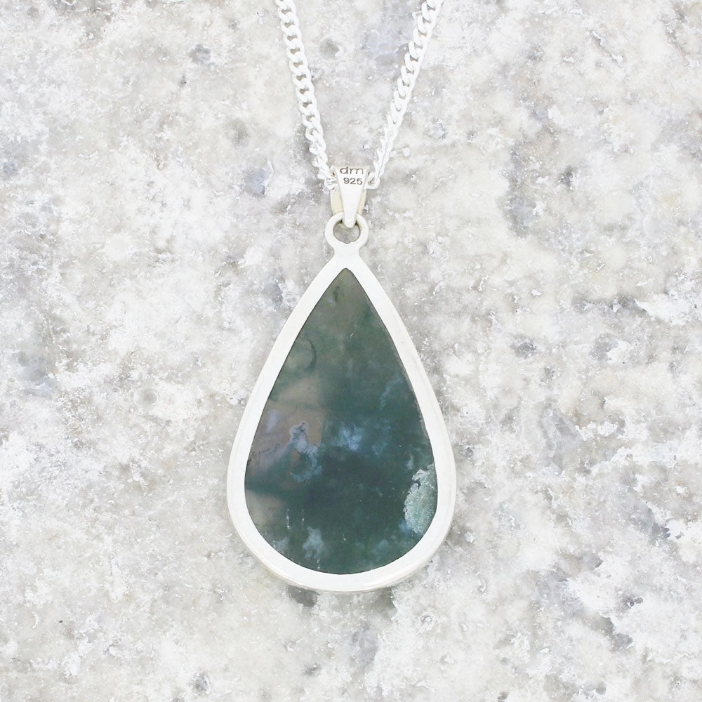 Moss Agate Sterling Silver Teardrop Pendant and Chain