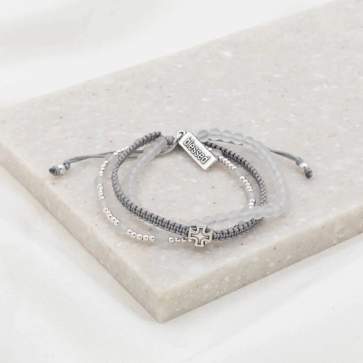 My Saint My Hero Frosted Quartz Be Still Prayer Bracelet