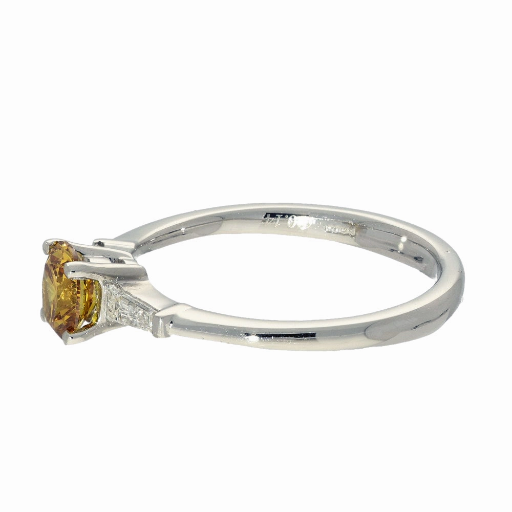 Platinum 0.54ct Natural Yellow Diamond Solitaire Ring with Baguette Shoulders