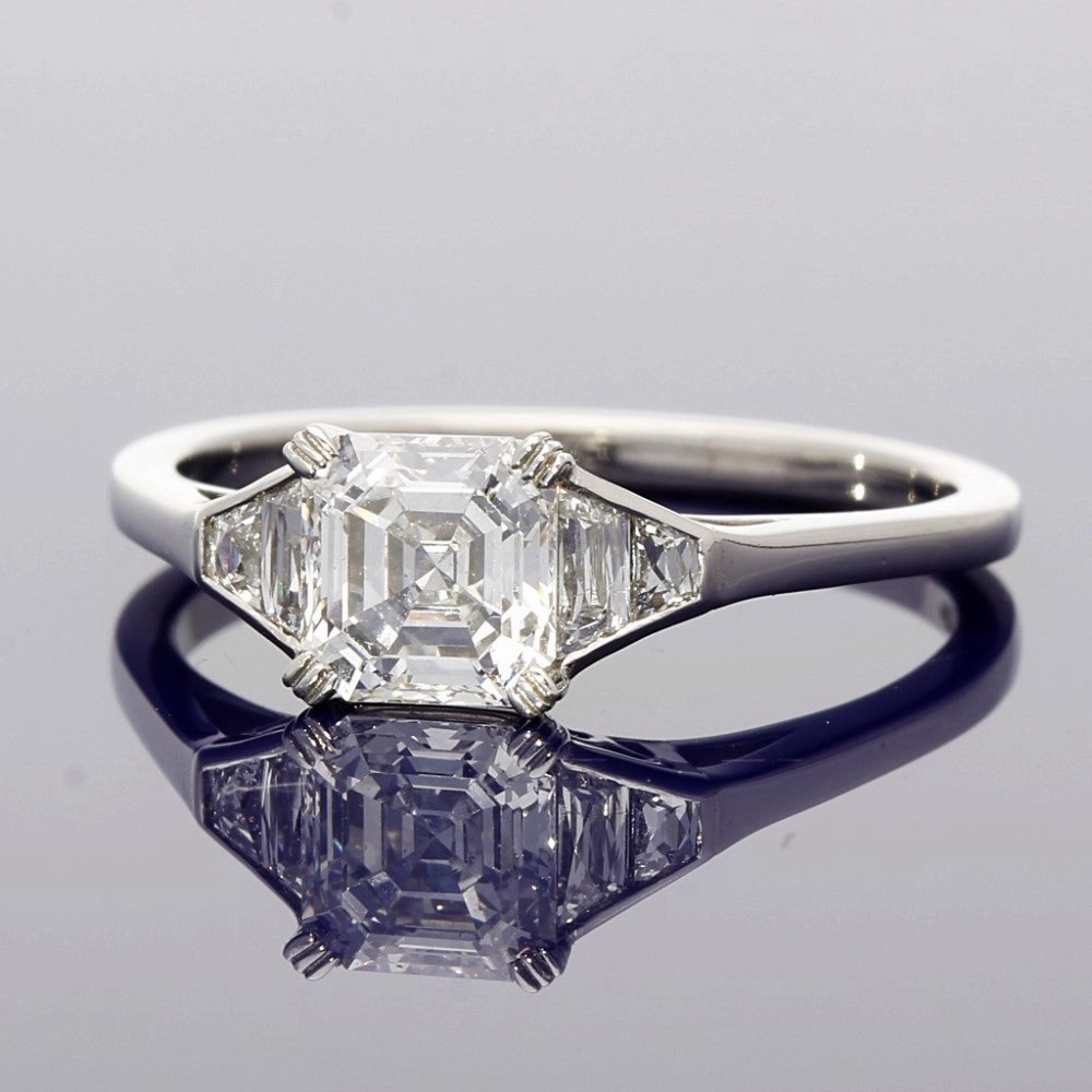 Platinum 0.94ct Asscher Cut & Trapeze Cut Diamond Trilogy Style Ring