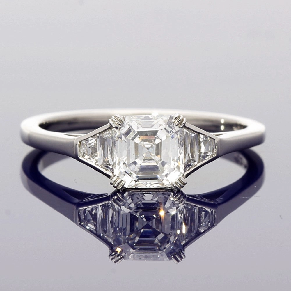 Platinum 0.94ct Asscher Cut & Trapeze Cut Diamond Trilogy Style Ring
