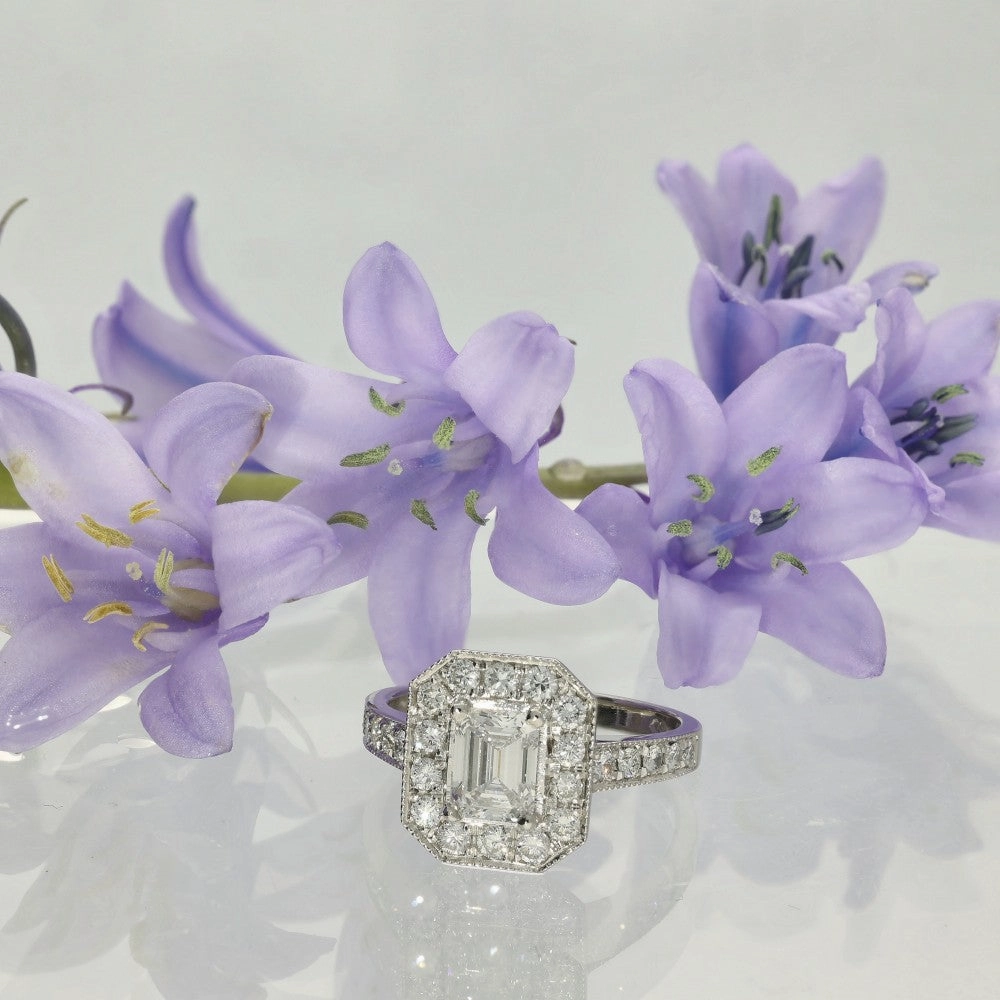 Platinum Art-Deco GIA Certificated Emerald Cut Diamond Cluster Ring