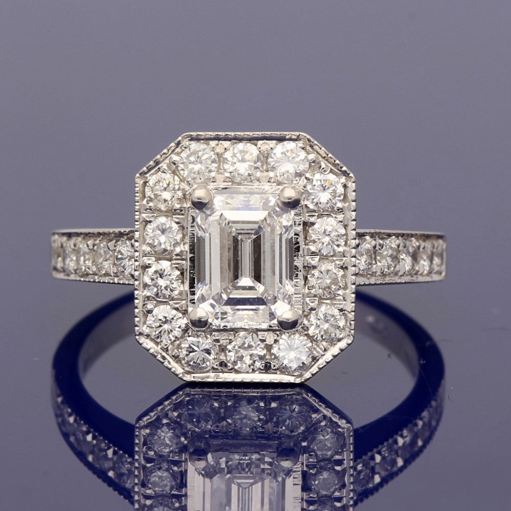 Platinum Art-Deco GIA Certificated Emerald Cut Diamond Cluster Ring
