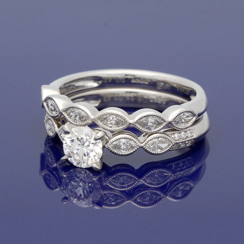 Platinum Bridal Set  Round and Marquise Diamond Engagement and Wedding Ring Set