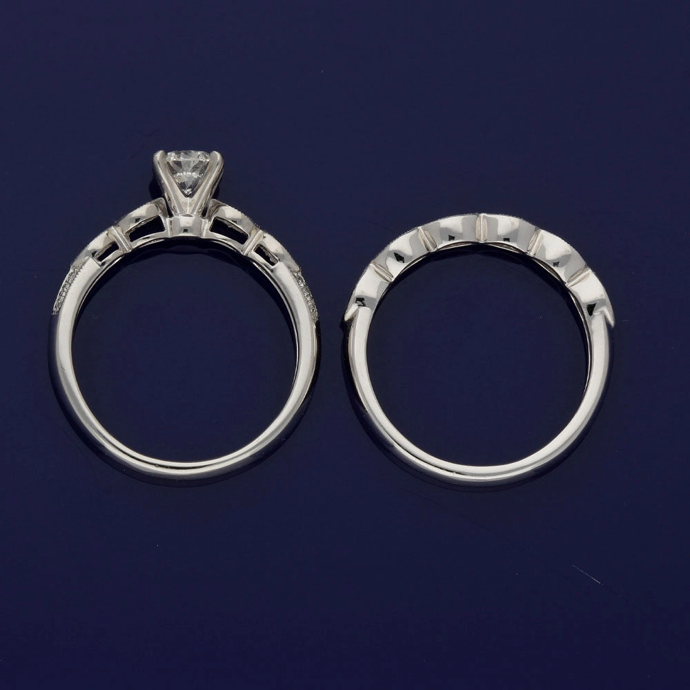 Platinum Bridal Set  Round and Marquise Diamond Engagement and Wedding Ring Set
