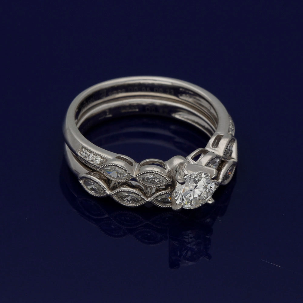 Platinum Bridal Set  Round and Marquise Diamond Engagement and Wedding Ring Set