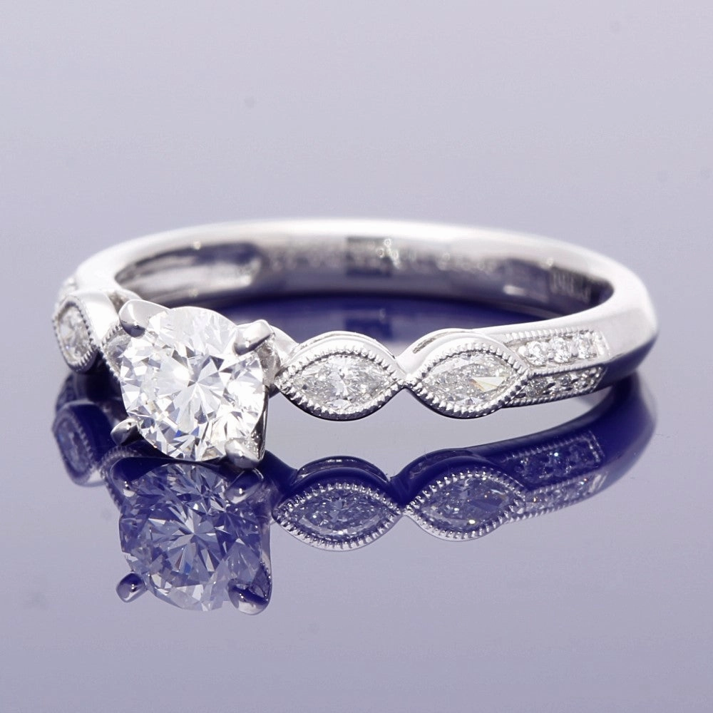 Platinum Bridal Set  Round and Marquise Diamond Engagement and Wedding Ring Set