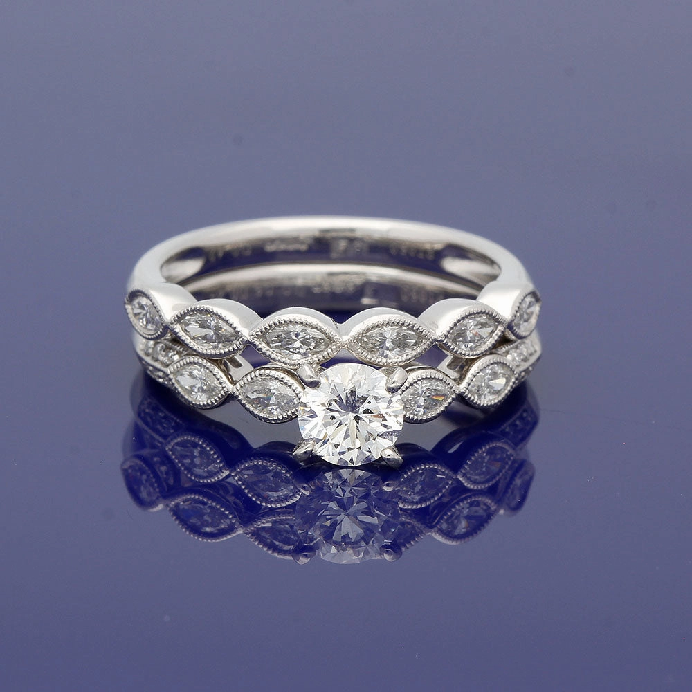 Platinum Bridal Set  Round and Marquise Diamond Engagement and Wedding Ring Set