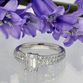 Platinum Certificated 0.78ct Emerald Cut Diamond Pave Diamond Shoulders Ring