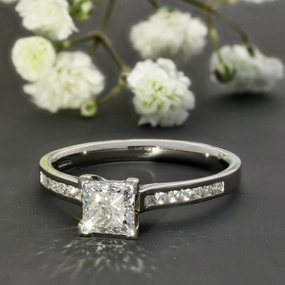 Platinum Certificated 0.79ct Princess Cut Solitaire, Diamond Shoulders Engagement Ring