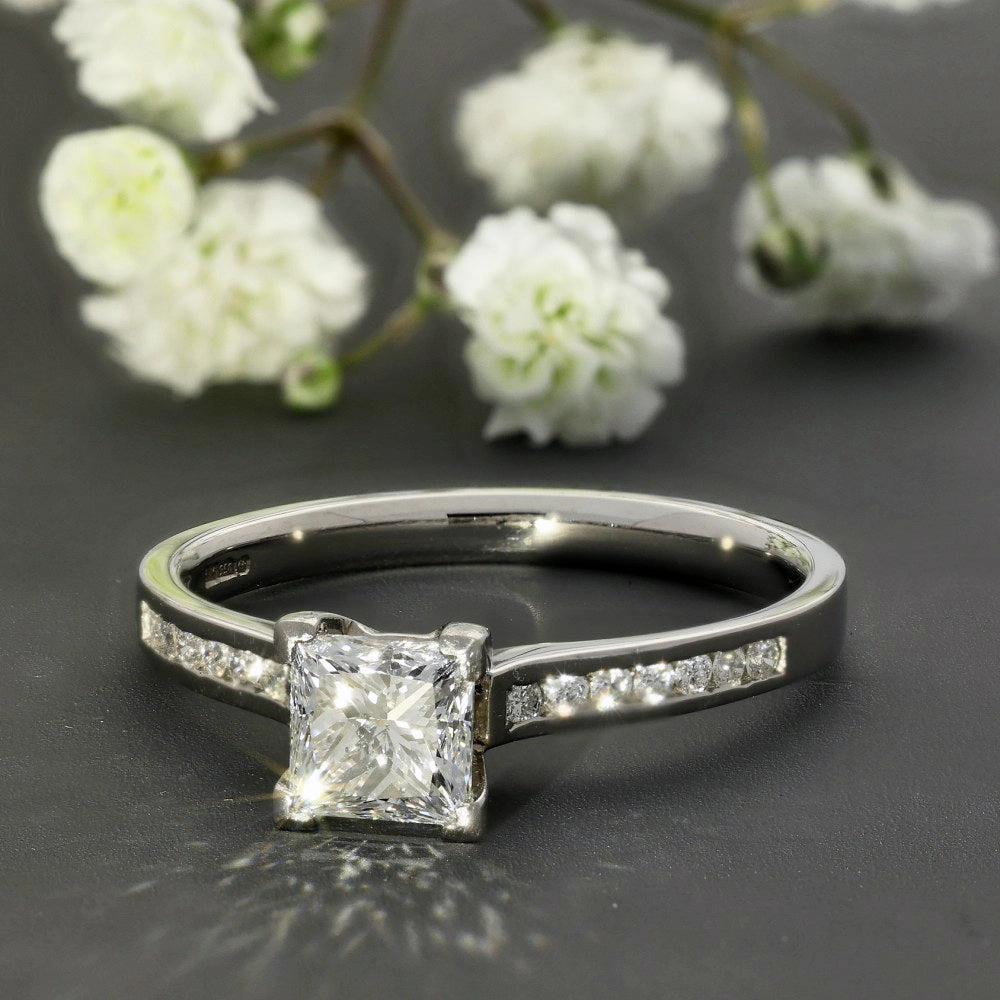Platinum Certificated 0.79ct Princess Cut Solitaire, Diamond Shoulders Engagement Ring